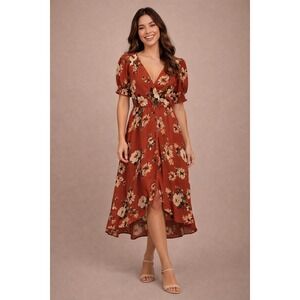 Boho Rust Floral Midi Dress Size Small Puff Sleeve Fall Dress